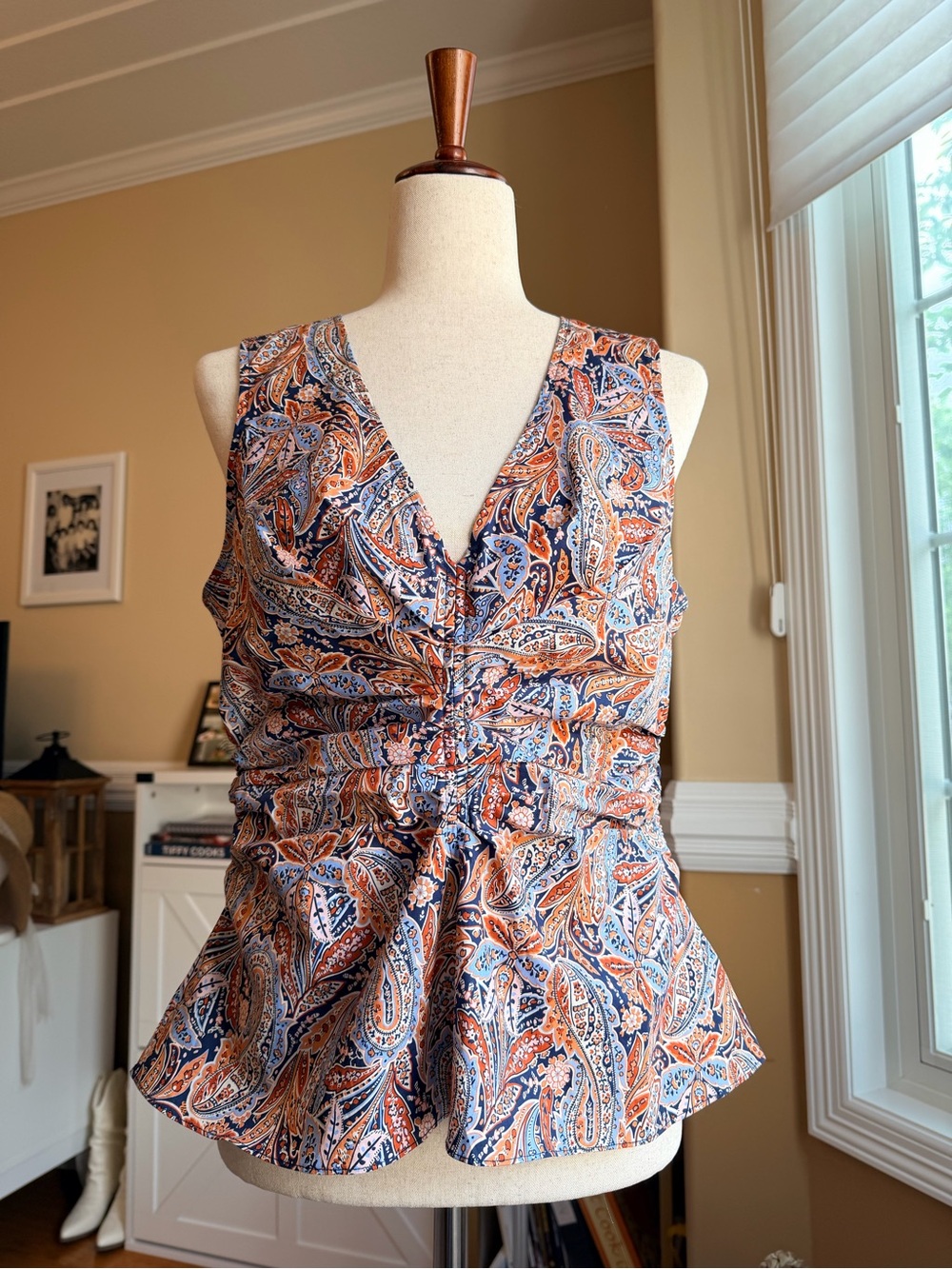 Veronica Beard Aidan Navy & Rust Paisley Peplum sleeveless top